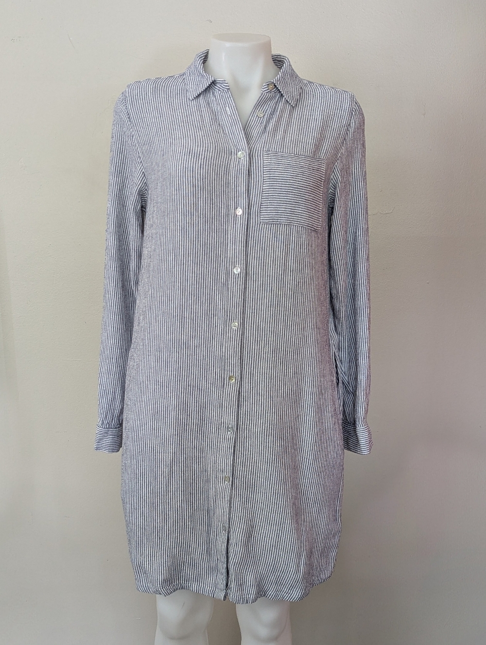 Tahari Blue & White Linen Blend Striped Long Sleeve Shirt Dress Nautical